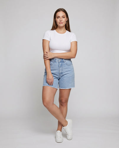 Damen Jeansshorts High-Waist Roher Saum Locker