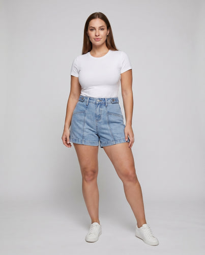 Damen Jeansshorts High-Waist Teilungsnähte Umschlagsaum