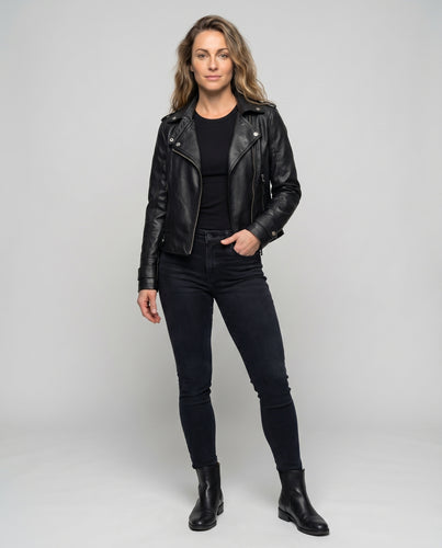 Damen Bikerjacke Kunstleder Reverskragen Schulterklappen