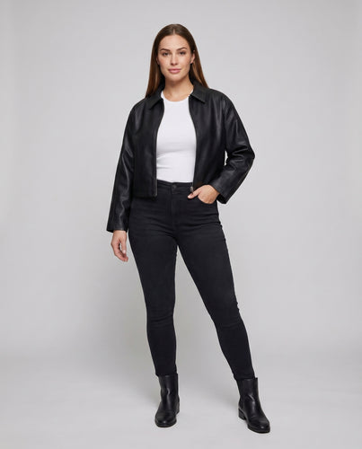 Damen Lederoptik-Jacke Hemdkragen Mittiger Zipp
