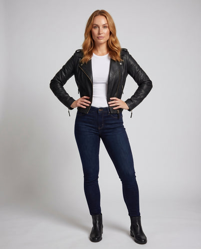Damen Bikerjacke Vegan Asymmetrisch Ziergürtel