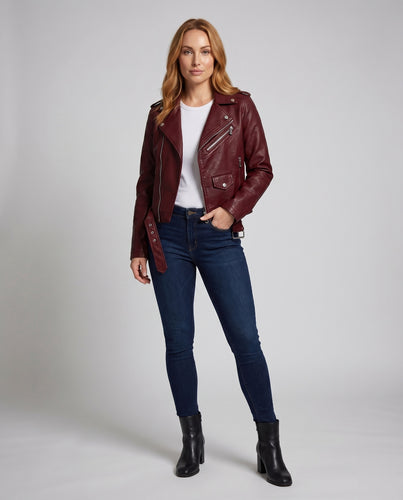 Damen Bikerblouson Lederoptik Asymmetrisch Taillengürtel