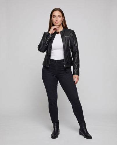 Damen Motorradblouson Nappa-Imitat Stehkragen Figurnah