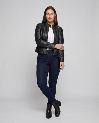Damen Kunstleder-Blouson Schulternieten Bundriegel Tailliert