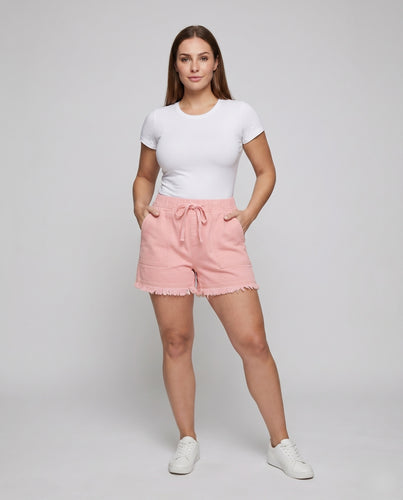 Damen Jeans-Shorts Kordelbund Fransensaum Taschen