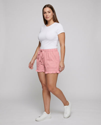 Damen Vintage-Jeansshorts Kordelbund Volantsaum Fransen