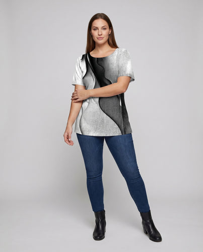 Damen Tunika-Longshirt Schmetterlingsprint Glitzereffekt Rundhals