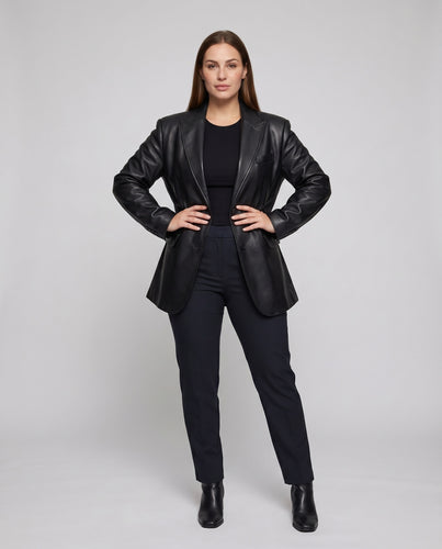 Damen Kunstlederblazer Revers Verdeckte Taschen Locker