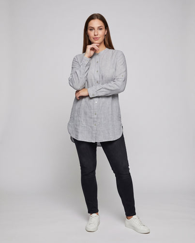 Damen Hemdbluse Baumwoll-Gauze Stehkragen Krempelärmel