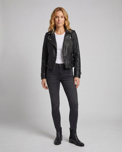 Damen Bikerjacke Vegan Schulterklappen Konturiert