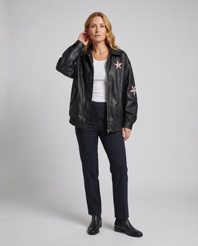 Damen Kunstlederjacke Sternapplikation Pattentaschen Oversize