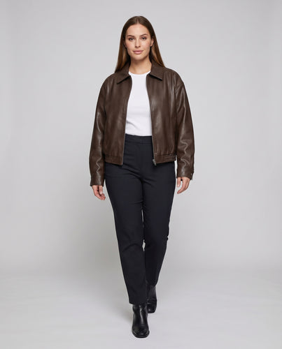 Damen Kunstleder-Blouson Hemdkragen Elastiksaum Oversize