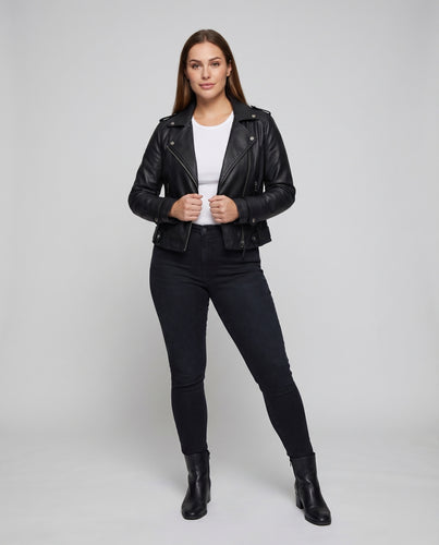 Damen Bikerjacke Kunstleder Schulterriegel Zipper-Taschen