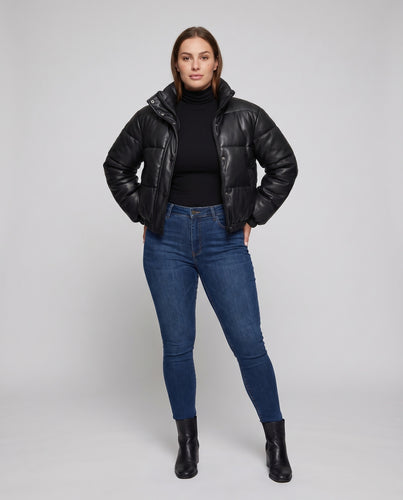 Damen Pufferblouson Lederoptik Boxy-Schnitt Stehkragen