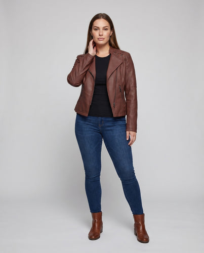 Damen Motorradjacke Vegan-Leder Ösenschnürung Schulterpasse