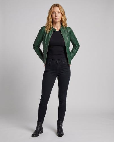 Damen Lederjacke Bikerstil Stehkragen Reißverschluss