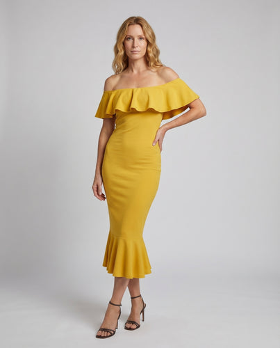 Damen Off-Shoulder-Midikleid Volantkragen Trompeten-Saum