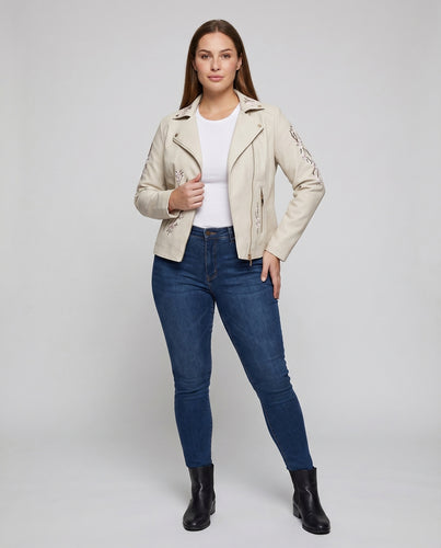 Damen Bikerjacke Kunstleder Florale Stickerei Asymmetrisch