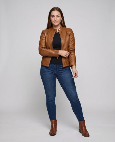 Damen Bikerjacke Vegan-Leder Stehkragen Ziersteppungen