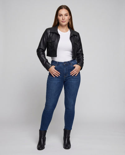 Damen Kunstlederjacke Tailliert Kurz Druckknopfleiste
