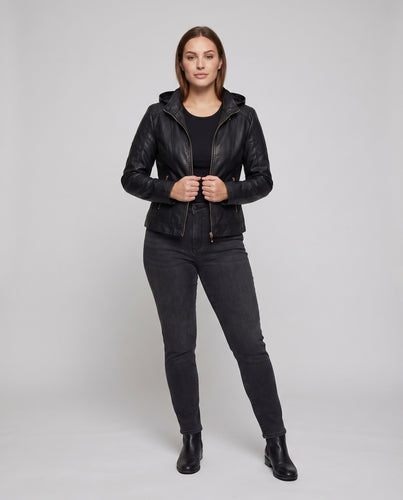 Damen Kunstlederjacke Kapuze Gesteppte Schulter Zipper