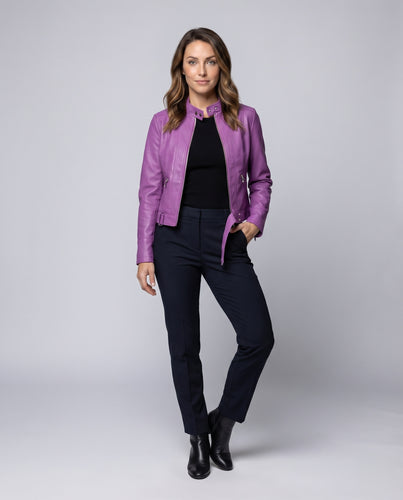 Damen Racer-Kurzjacke Vegan-Leder Stehkragen Taillenriegel
