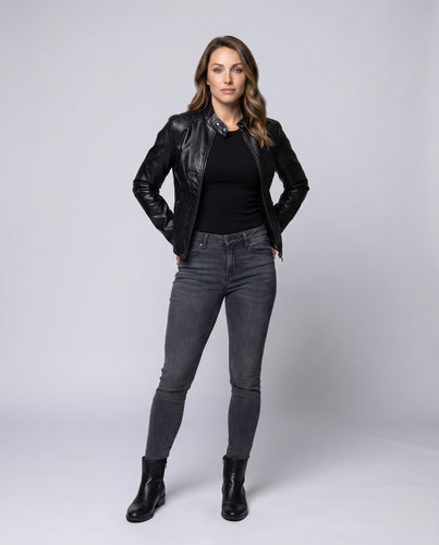 Damen Mopedjacke Vegan-Nappa Stehkragen Gesteppte Einsätze