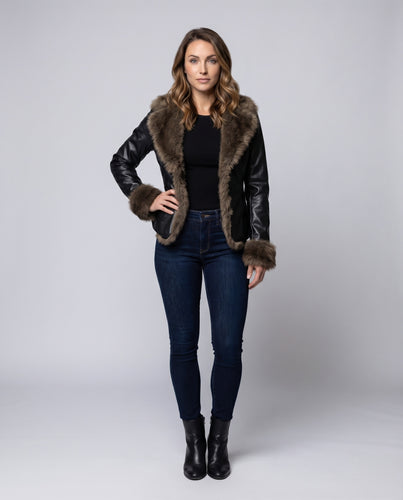 Damen Blazer Lederimitat Pelzkragen Schößchen-Silhouette