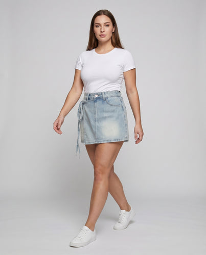 Damen Jeans-Minirock Tailliert Seitliche Bindung Nahtpaneele