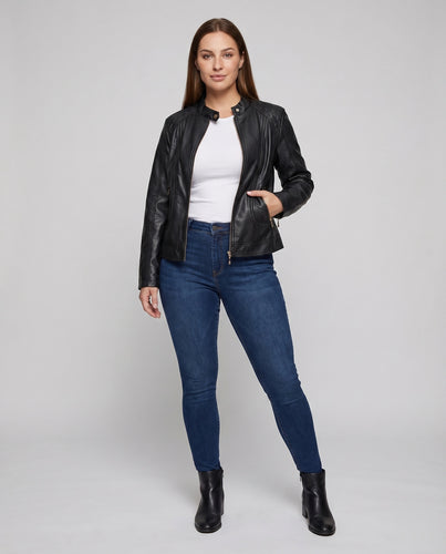 Damen Kunstleder-Blouson Rautensteppung Stehkragen Zipper-Taschen