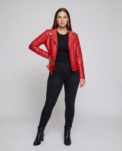 Damen Rocker-Kurzblouson Nietenapplikation Asymmetrisch Revers