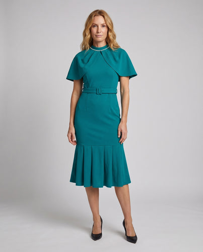 Damen Midikleid Capeletkragen Perlenbesatz Volant-Saum