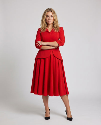 Damen Schößchen-Midikleid Faltenrock Kleiner Reverskragen