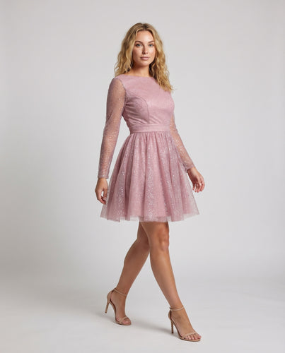 Damen Tüll-Cocktailkleid Glitzerdetail Tellerrock Transparent-Ärmel