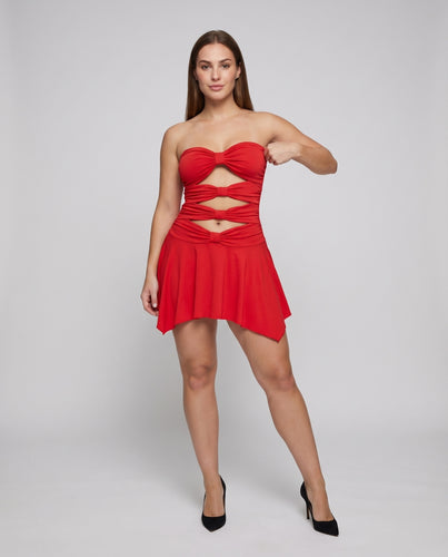 Damen Minikleid Trägerlos Knotenfront Tellerrock