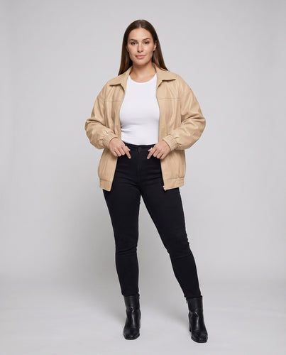 Damen Coachjacke Oversize Lederoptik Rippbündchen