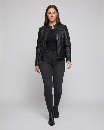 Damen Reißverschlussjacke Vegan-Nappa Stehkragen Ziernähte