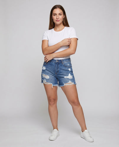 Damen Jeansshorts High-Waist Fransensaum Abrieb-Details