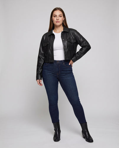 Damen Lack-Hemdjacke Vegan-Leder Pattentaschen Verkürzt