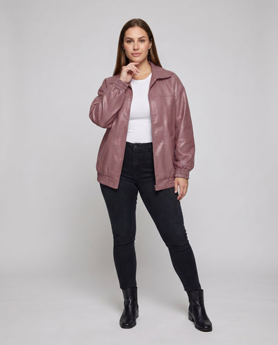 Damen Kunstleder-Blouson Bomberstil Hemdkragen Rippbündchen