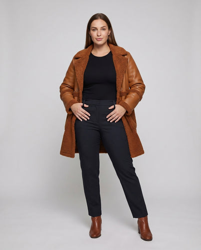 Damen Teddy-Mantel Zweireiher Kunstleder-Einsätze Revers