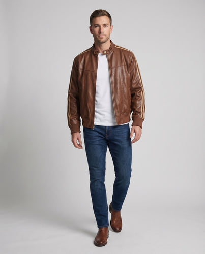 Herren Clubblouson Lederoptik Ärmelstreifen Stehkragen