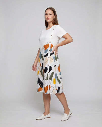 Damen A-Linien-Midikleid Printrock Rundhals Kontrast-Oberteil