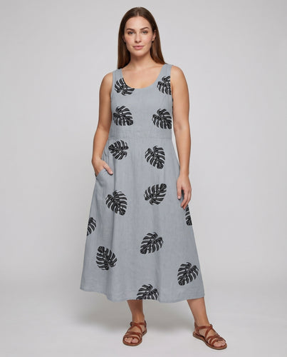 Damen Ärmelloses Maxikleid Aquarellblüten Seitentaschen Schwingend