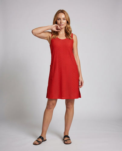 Damen Ärmelloses Sommerkleid Lochmuster Seitentaschen Seitenschlitz