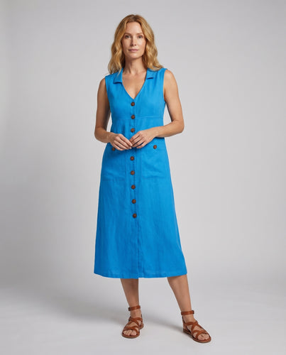 Damen Leinen-Midikleid Holzknopfleiste Eingrifftaschen Reverskragen