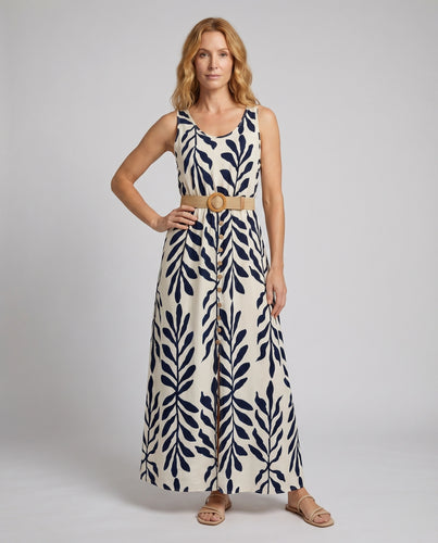 Damen Ärmelloses Maxikleid Blattprint Beinschlitz Knopfleiste