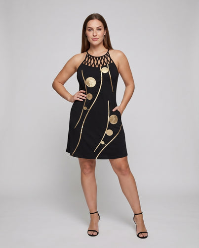 Damen Ärmelloses Minikleid Netzkragen Asymmetrischer Saum Zierkreise