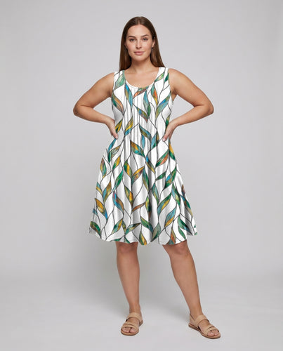 Damen Swing-Midikleid Blattprint Seitentaschen Viskose-Mix