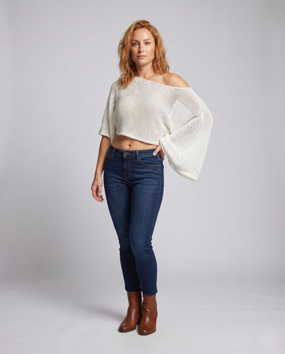 Damen Strickpullover Asymmetrische Schulter Fledermausärmel Crop